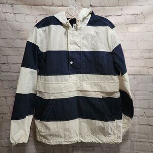 Gap Jacket Mens Small Blue White Poplin Rugby Stripe Hooded Pullover Preppy